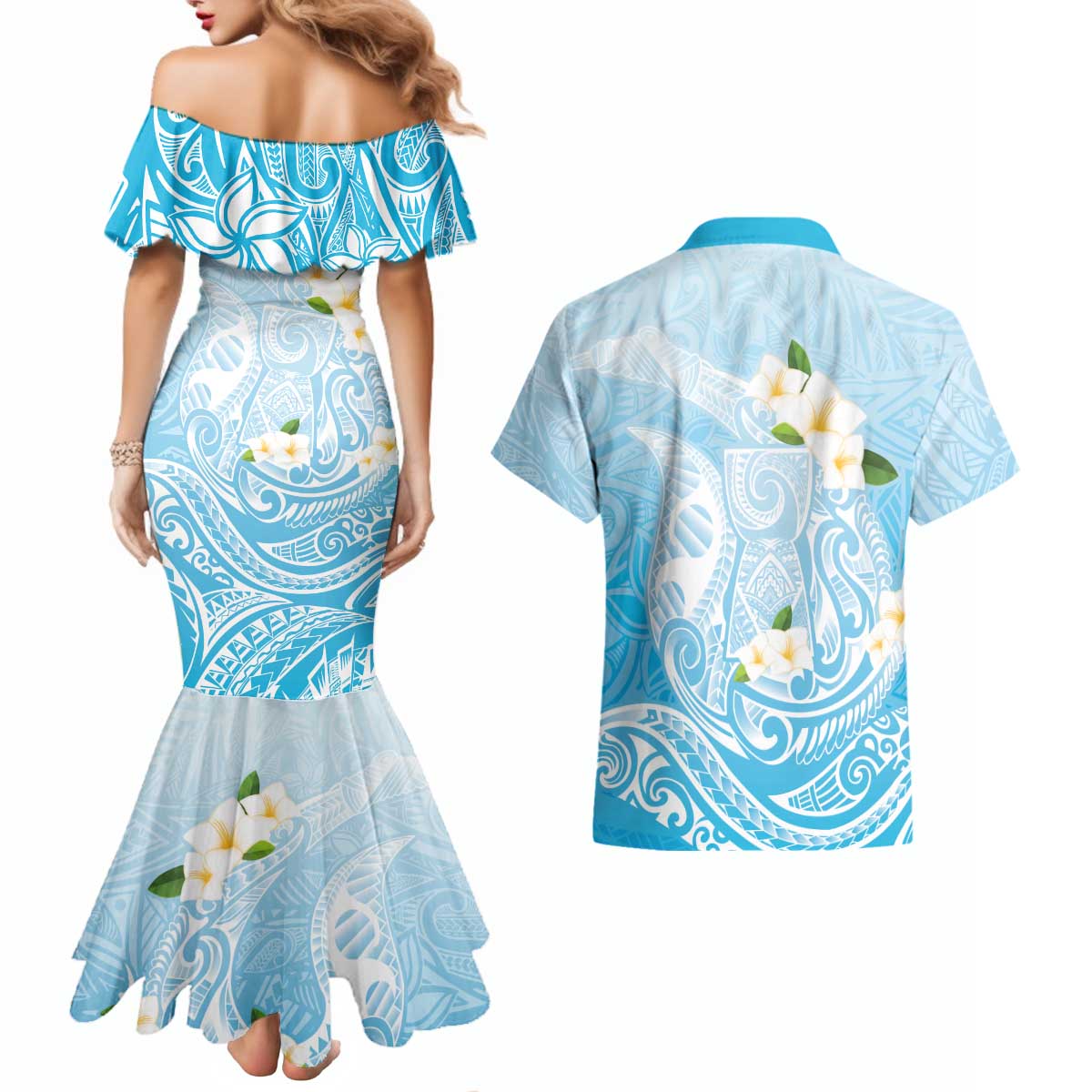 Guam Fishhook Mix Guasali Flowers Couples Matching Mermaid Dress and Hawaiian Shirt Dreaming Turquoise