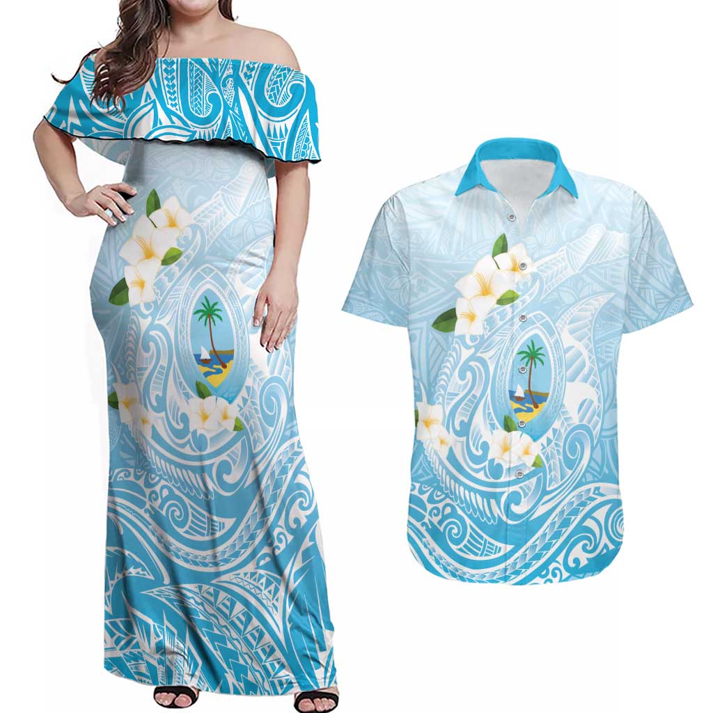 Guam Fishhook Mix Guasali Flowers Couples Matching Off Shoulder Maxi Dress and Hawaiian Shirt Dreaming Turquoise LT7 Turquoise - Polynesian Pride