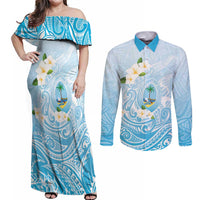 Guam Fishhook Mix Guasali Flowers Couples Matching Off Shoulder Maxi Dress and Long Sleeve Button Shirt Dreaming Turquoise LT7 Turquoise - Polynesian Pride