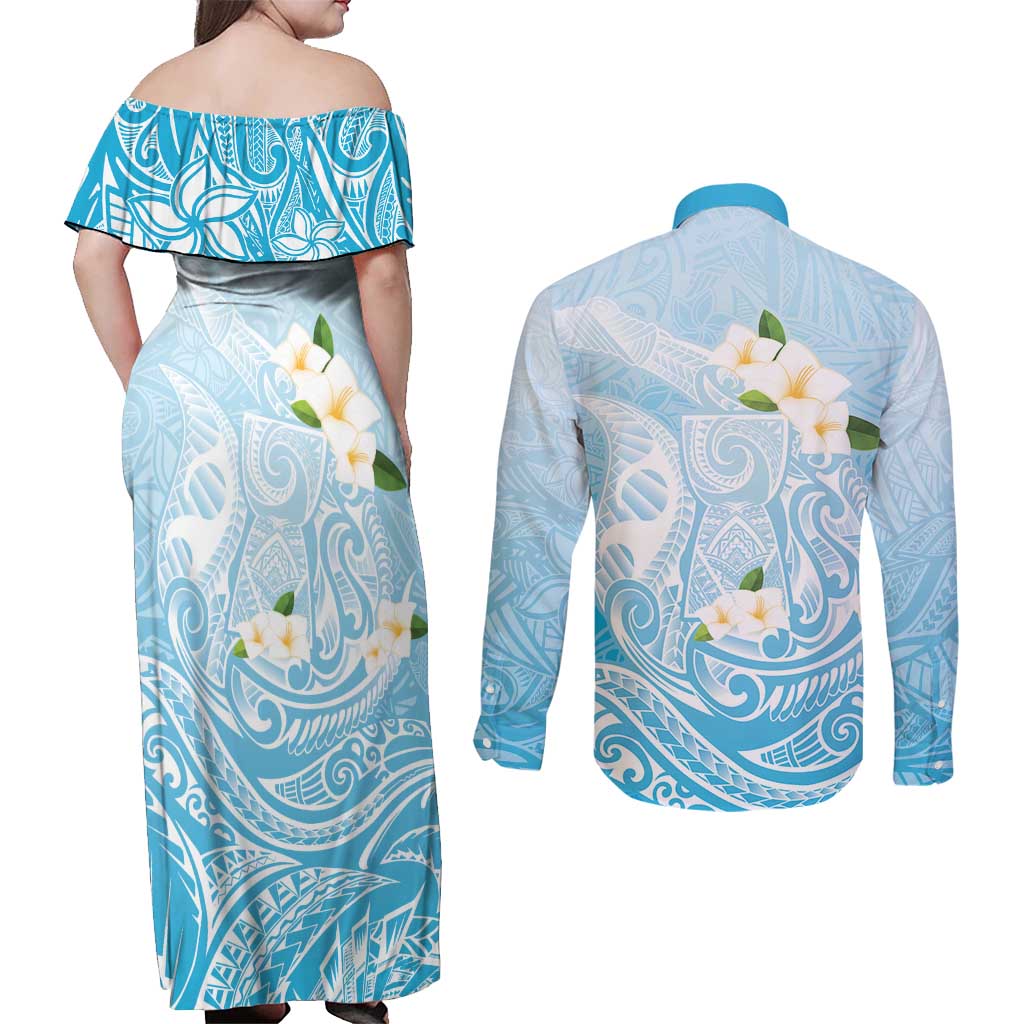 Guam Fishhook Mix Guasali Flowers Couples Matching Off Shoulder Maxi Dress and Long Sleeve Button Shirt Dreaming Turquoise LT7 - Polynesian Pride