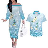 Guam Fishhook Mix Guasali Flowers Couples Matching Off The Shoulder Long Sleeve Dress and Hawaiian Shirt Dreaming Turquoise