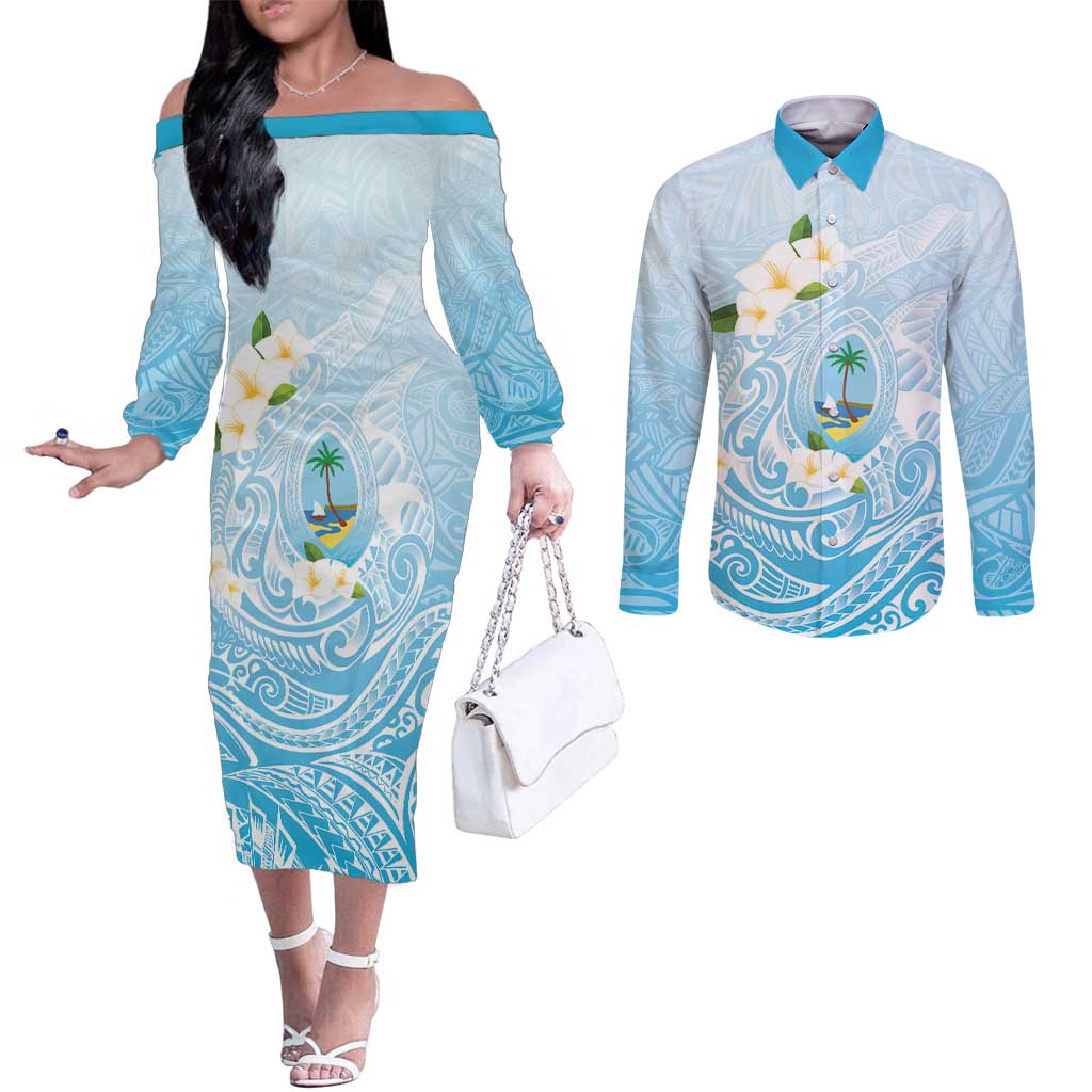Guam Fishhook Mix Guasali Flowers Couples Matching Off The Shoulder Long Sleeve Dress and Long Sleeve Button Shirt Dreaming Turquoise