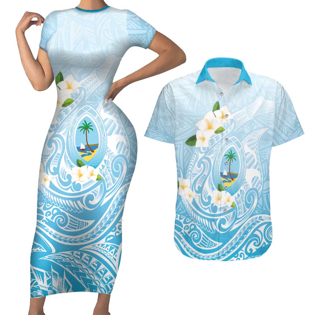 Guam Fishhook Mix Guasali Flowers Couples Matching Short Sleeve Bodycon Dress and Hawaiian Shirt Dreaming Turquoise