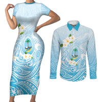 Guam Fishhook Mix Guasali Flowers Couples Matching Short Sleeve Bodycon Dress and Long Sleeve Button Shirt Dreaming Turquoise