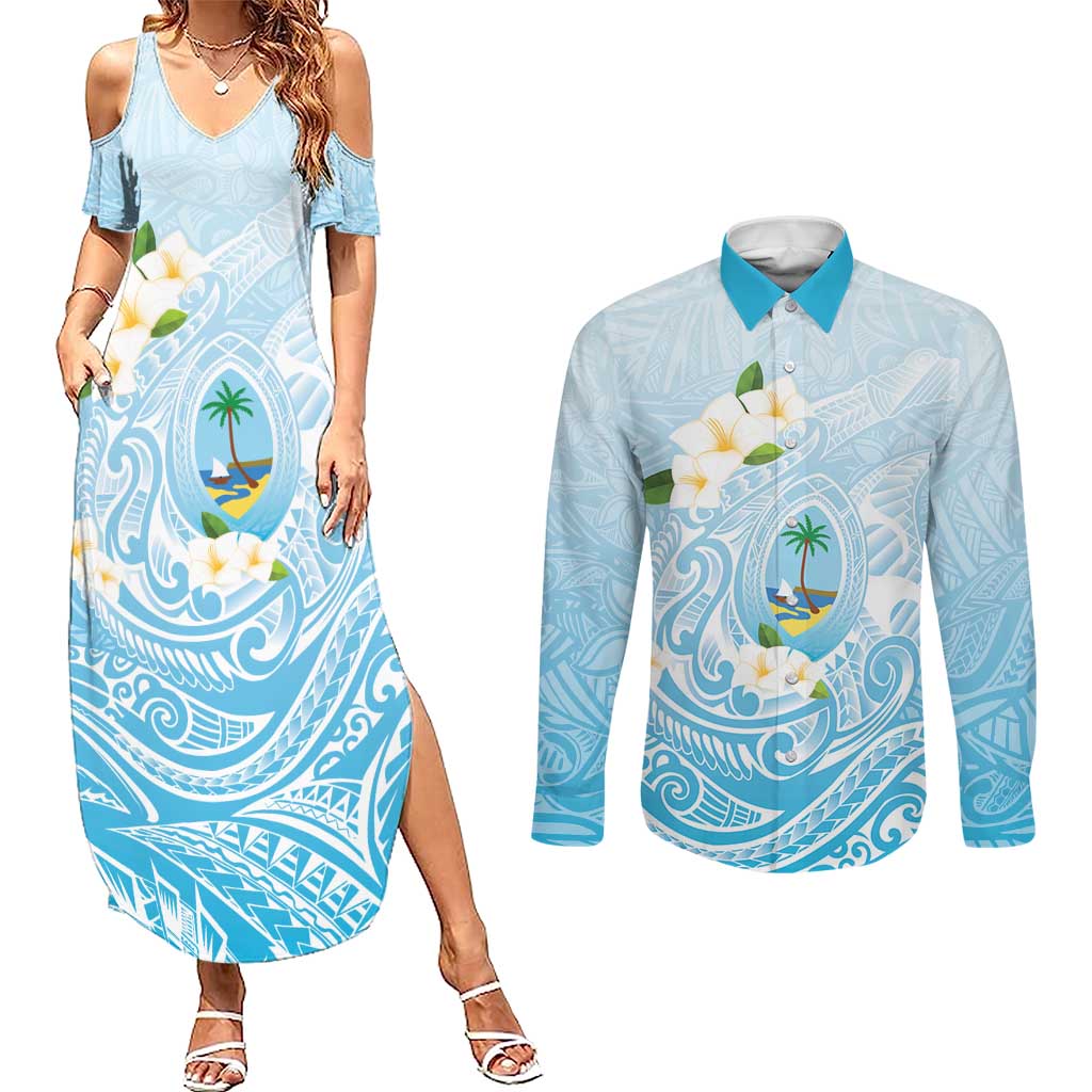 Guam Fishhook Mix Guasali Flowers Couples Matching Summer Maxi Dress and Long Sleeve Button Shirt Dreaming Turquoise LT7 Turquoise - Polynesian Pride