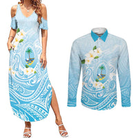 Guam Fishhook Mix Guasali Flowers Couples Matching Summer Maxi Dress and Long Sleeve Button Shirt Dreaming Turquoise LT7 Turquoise - Polynesian Pride