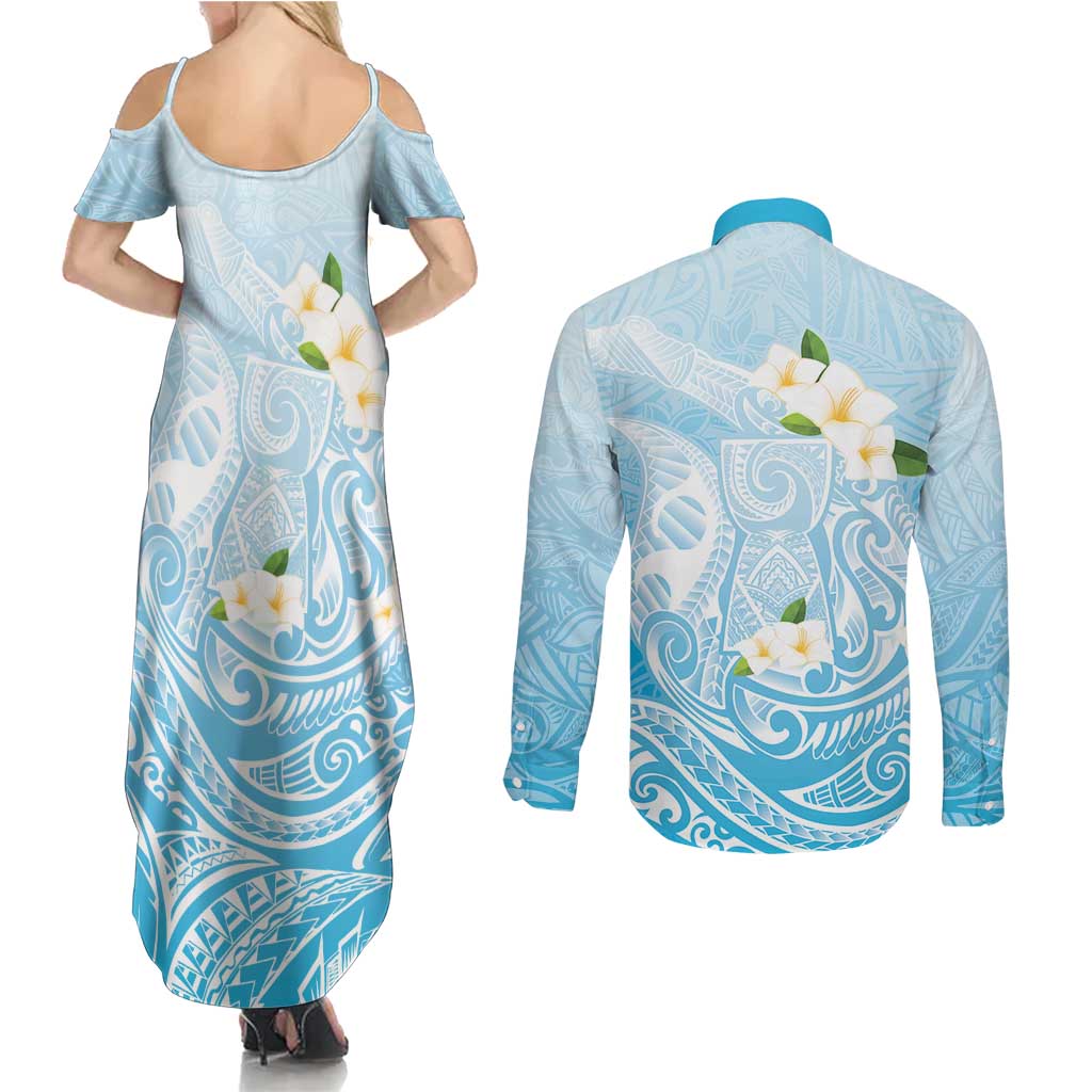 Guam Fishhook Mix Guasali Flowers Couples Matching Summer Maxi Dress and Long Sleeve Button Shirt Dreaming Turquoise LT7 - Polynesian Pride