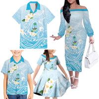 Guam Fishhook Mix Guasali Flowers Family Matching Off The Shoulder Long Sleeve Dress and Hawaiian Shirt Dreaming Turquoise