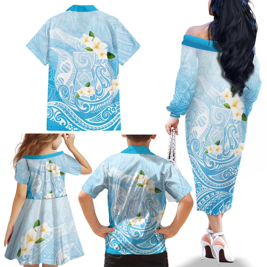 Guam Fishhook Mix Guasali Flowers Family Matching Off The Shoulder Long Sleeve Dress and Hawaiian Shirt Dreaming Turquoise