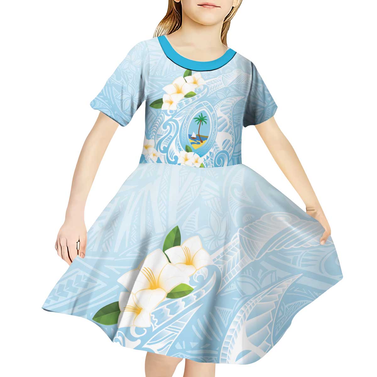 Guam Fishhook Mix Guasali Flowers Kid Short Sleeve Dress Dreaming Turquoise