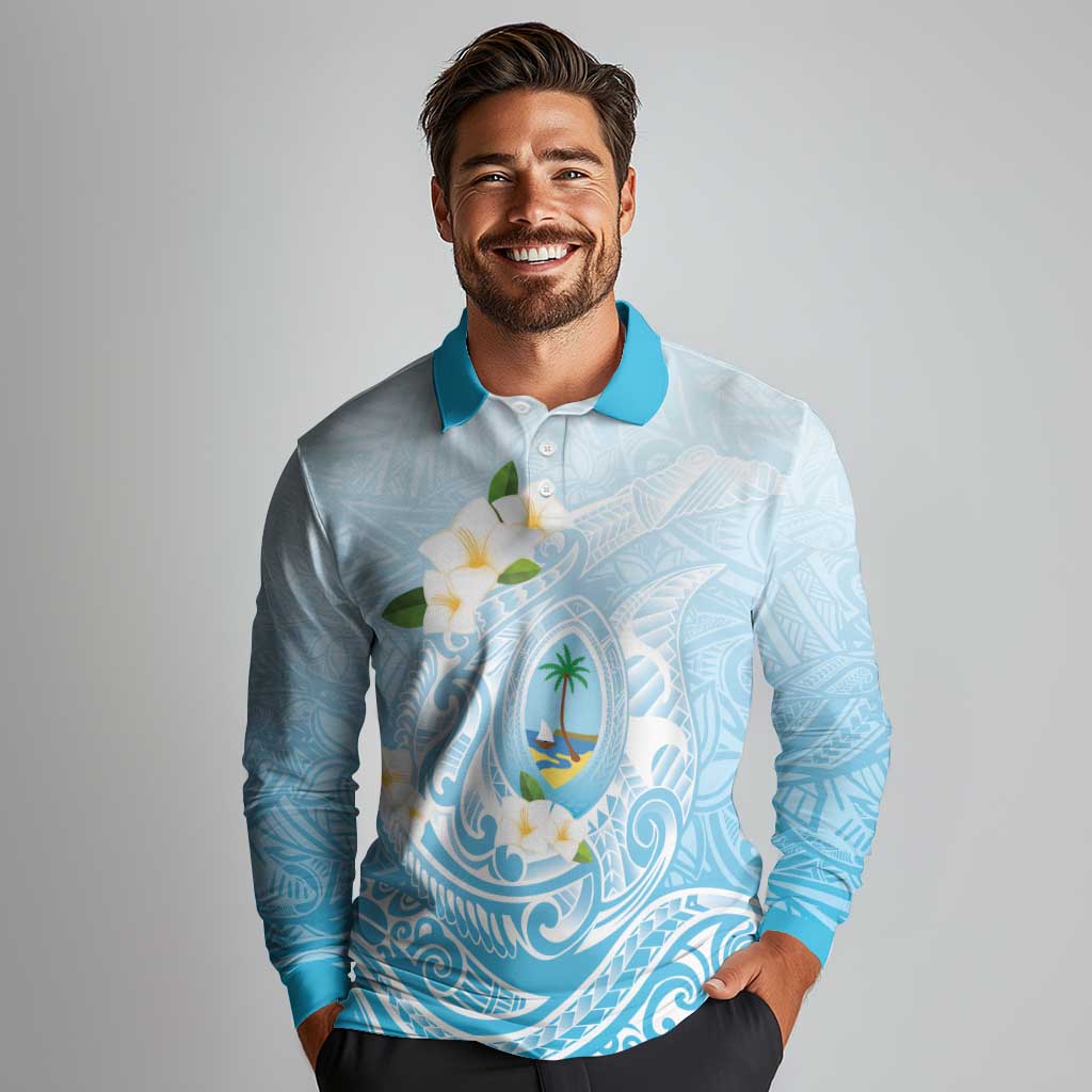 Guam Fishhook Mix Guasali Flowers Long Sleeve Polo Shirt Dreaming Turquoise