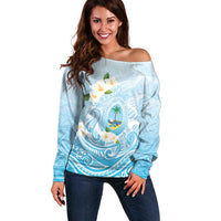 Guam Fishhook Mix Guasali Flowers Off Shoulder Sweater Dreaming Turquoise