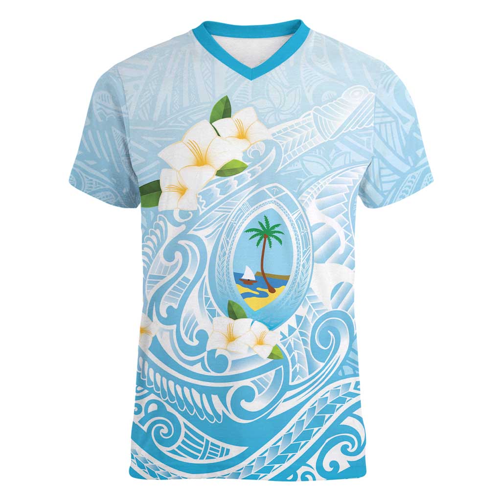 Guam Fishhook Mix Guasali Flowers Women V-Neck T-Shirt Dreaming Turquoise