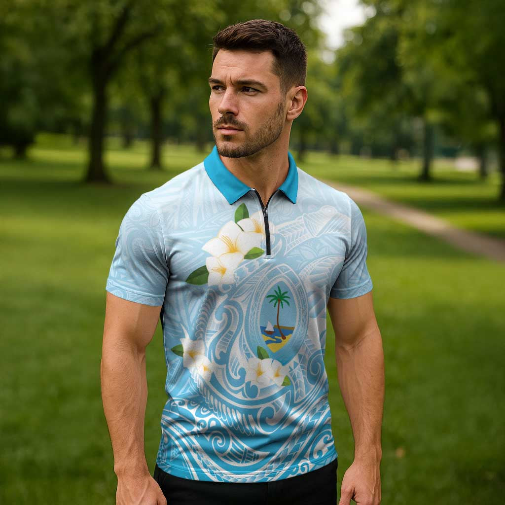 Guam Fishhook Mix Guasali Flowers Zipper Polo Shirt Dreaming Turquoise LT7 - Polynesian Pride