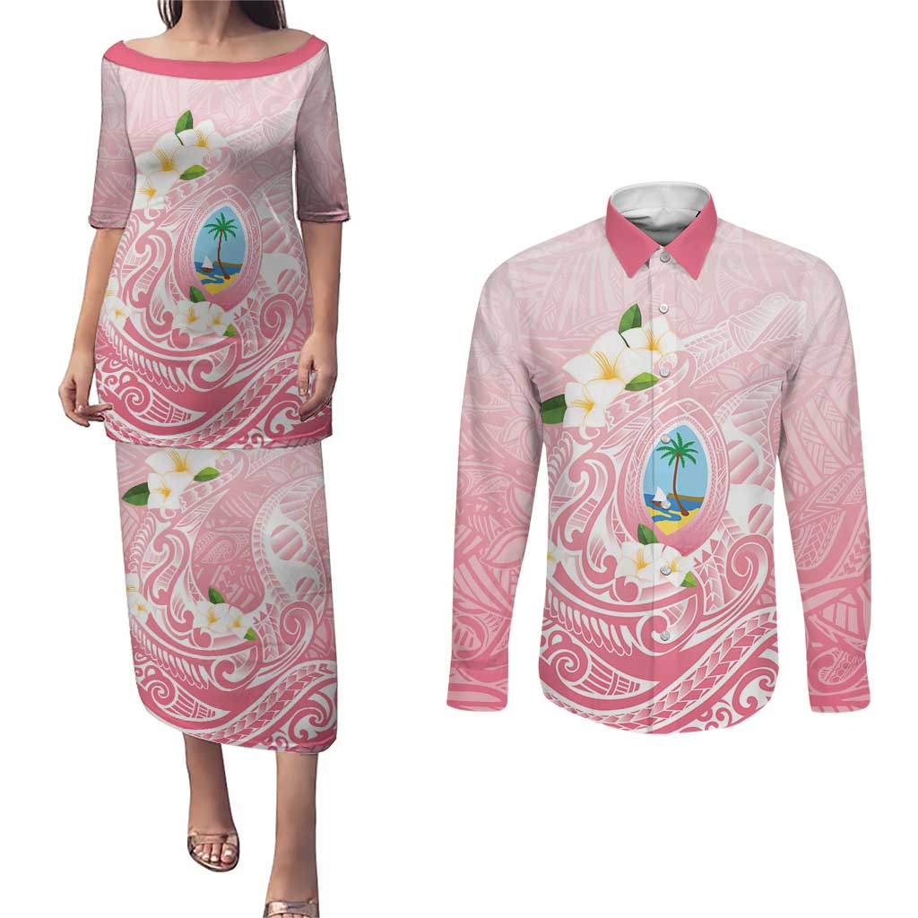 Guam Fishhook Mix Guasali Flowers Couples Matching Puletasi and Long Sleeve Button Shirt Dreaming Coral