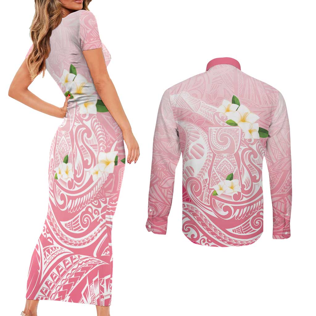 Guam Fishhook Mix Guasali Flowers Couples Matching Short Sleeve Bodycon Dress and Long Sleeve Button Shirt Dreaming Coral