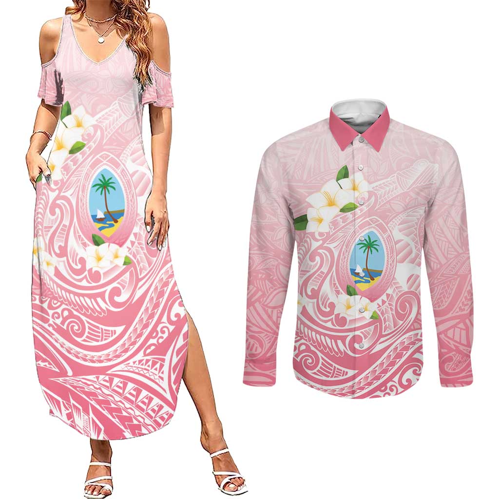 Guam Fishhook Mix Guasali Flowers Couples Matching Summer Maxi Dress and Long Sleeve Button Shirt Dreaming Coral