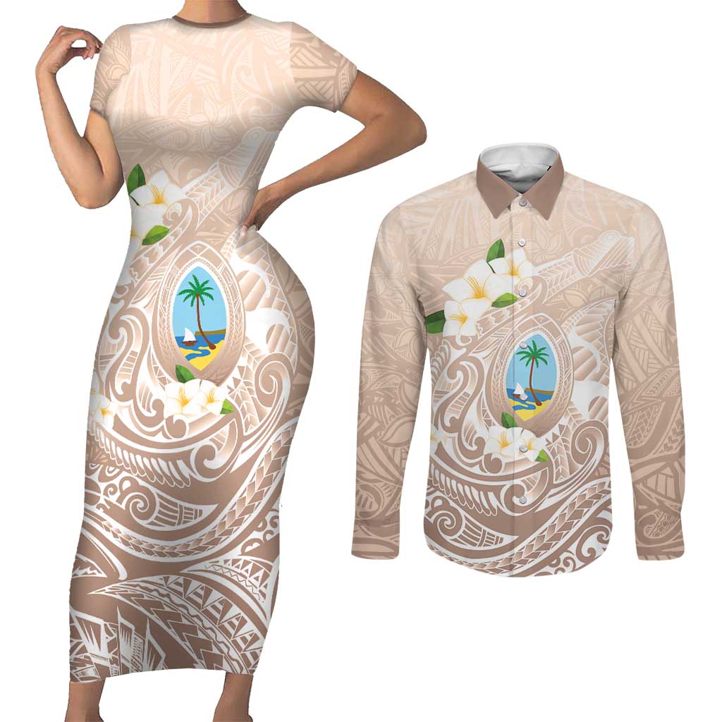 Guam Fishhook Mix Guasali Flowers Couples Matching Short Sleeve Bodycon Dress and Long Sleeve Button Shirt Dreaming Hazel LT7 Beige - Polynesian Pride