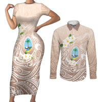 Guam Fishhook Mix Guasali Flowers Couples Matching Short Sleeve Bodycon Dress and Long Sleeve Button Shirt Dreaming Hazel LT7 Beige - Polynesian Pride