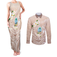 Guam Fishhook Mix Guasali Flowers Couples Matching Tank Maxi Dress and Long Sleeve Button Shirt Dreaming Hazel LT7 Beige - Polynesian Pride