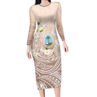 Guam Fishhook Mix Guasali Flowers Long Sleeve Bodycon Dress Dreaming Hazel LT7 Long Dress Beige - Polynesian Pride