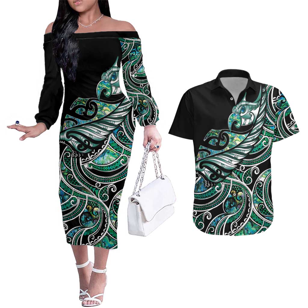 Maori Matariki - Manaia Couples Matching Off The Shoulder Long Sleeve Dress and Hawaiian Shirt Emerald Paua Shell LT7 Green - Polynesian Pride