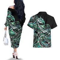 Maori Matariki - Manaia Couples Matching Off The Shoulder Long Sleeve Dress and Hawaiian Shirt Emerald Paua Shell LT7 - Polynesian Pride