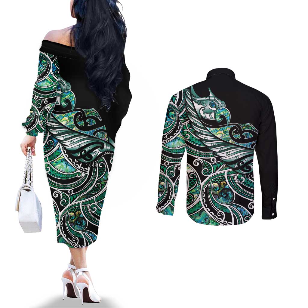 Maori Matariki - Manaia Couples Matching Off The Shoulder Long Sleeve Dress and Long Sleeve Button Shirt Emerald Paua Shell