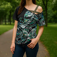 Maori Matariki - Manaia Cross Shoulder Shirt Emerald Paua Shell