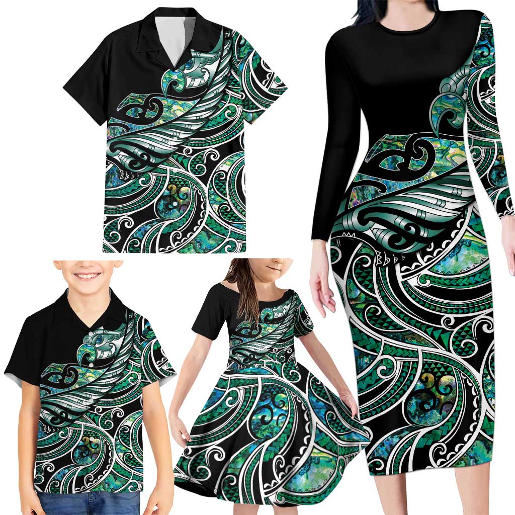 Maori Matariki - Manaia Family Matching Long Sleeve Bodycon Dress and Hawaiian Shirt Emerald Paua Shell