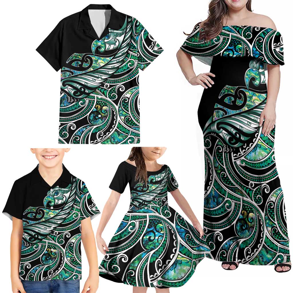 Maori Matariki - Manaia Family Matching Off Shoulder Maxi Dress and Hawaiian Shirt Emerald Paua Shell
