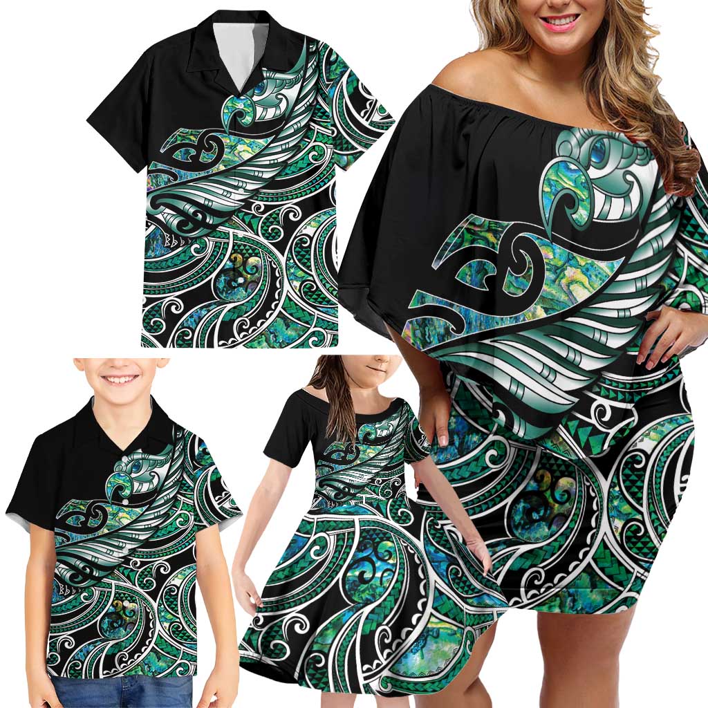 Maori Matariki - Manaia Family Matching Off Shoulder Short Dress and Hawaiian Shirt Emerald Paua Shell