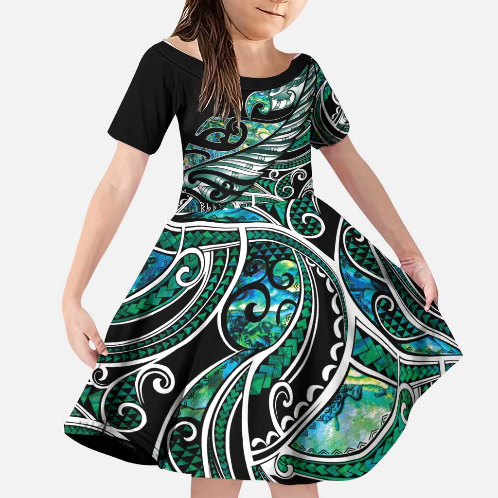 Maori Matariki - Manaia Family Matching Tank Maxi Dress and Hawaiian Shirt Emerald Paua Shell LT7 Daughter's Dress Green - Polynesian Pride