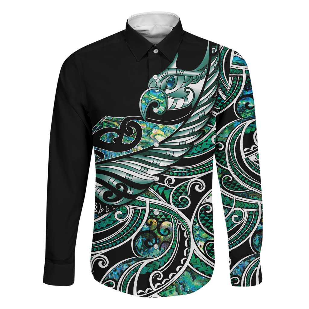 Maori Matariki - Manaia Family Matching Tank Maxi Dress and Hawaiian Shirt Emerald Paua Shell LT7 Dad's Shirt - Long Sleeve Green - Polynesian Pride