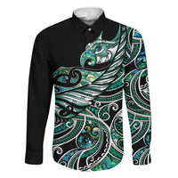 Maori Matariki - Manaia Family Matching Tank Maxi Dress and Hawaiian Shirt Emerald Paua Shell LT7 Dad's Shirt - Long Sleeve Green - Polynesian Pride