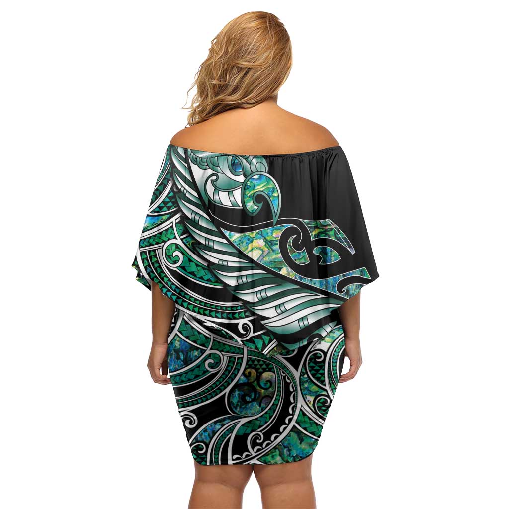 Maori Matariki - Manaia Off Shoulder Short Dress Emerald Paua Shell