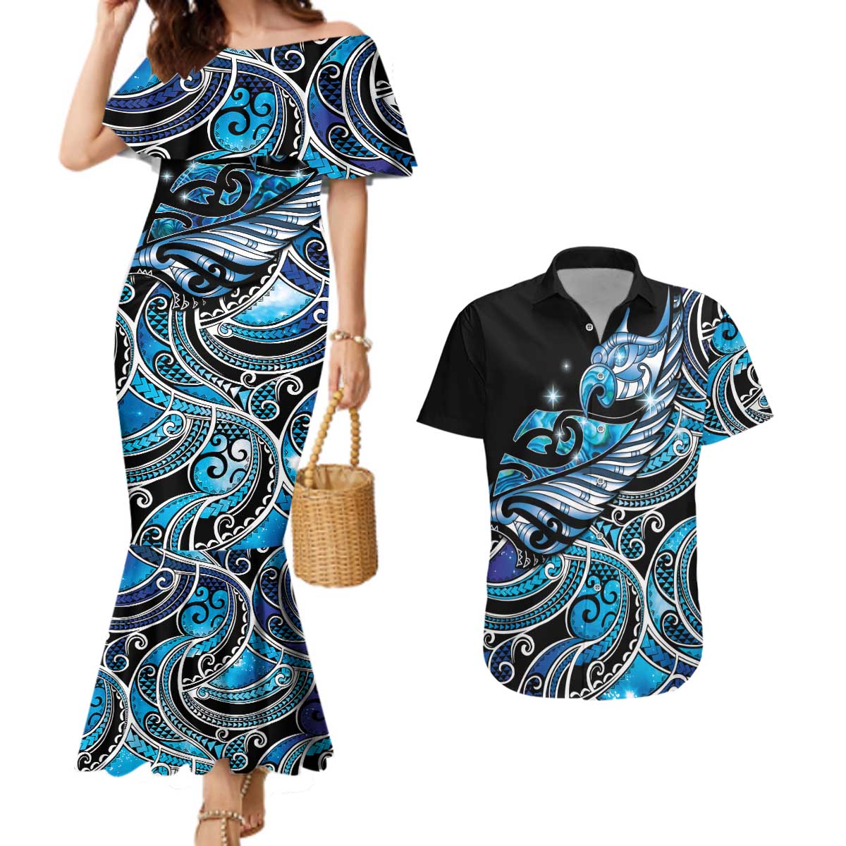 Maori Matariki - Manaia Couples Matching Mermaid Dress and Hawaiian Shirt Galaxy Blue Paua Shell LT7 Blue - Polynesian Pride