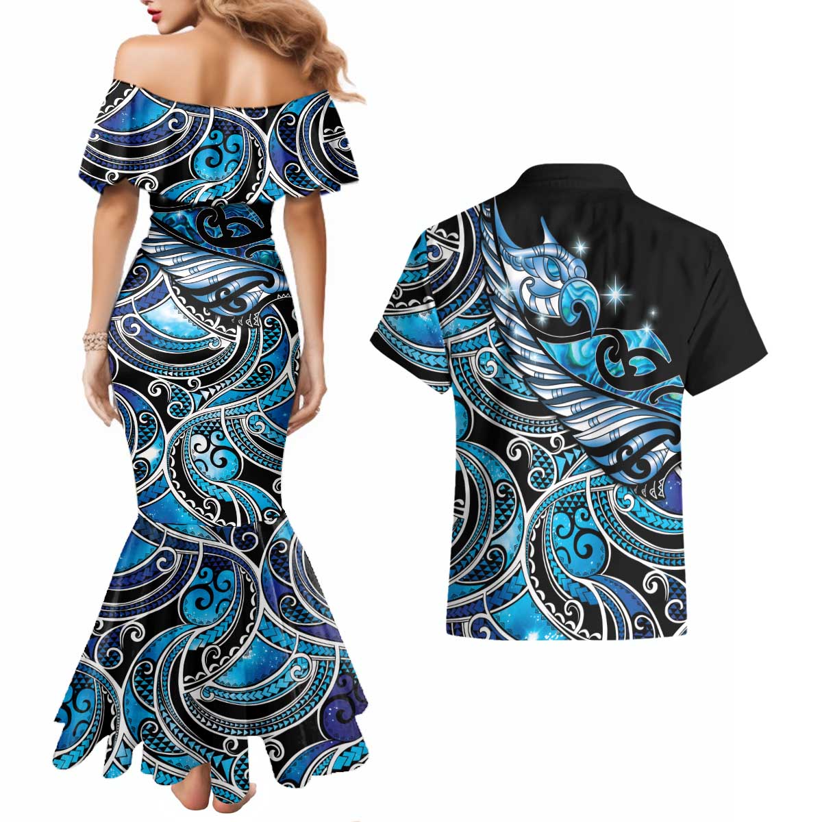 Maori Matariki - Manaia Couples Matching Mermaid Dress and Hawaiian Shirt Galaxy Blue Paua Shell LT7 - Polynesian Pride