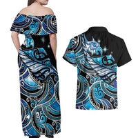 Maori Matariki - Manaia Couples Matching Off Shoulder Maxi Dress and Hawaiian Shirt Galaxy Blue Paua Shell