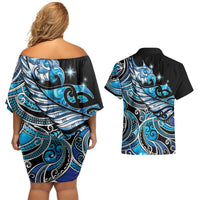 Maori Matariki - Manaia Couples Matching Off Shoulder Short Dress and Hawaiian Shirt Galaxy Blue Paua Shell LT7 - Polynesian Pride