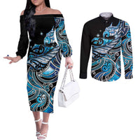 Maori Matariki - Manaia Couples Matching Off The Shoulder Long Sleeve Dress and Long Sleeve Button Shirt Galaxy Blue Paua Shell LT7 Blue - Polynesian Pride