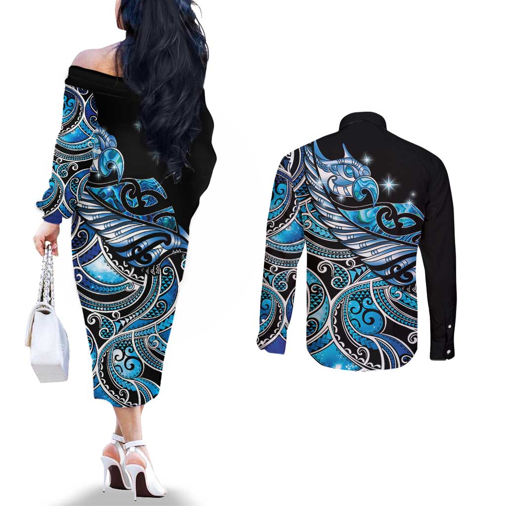 Maori Matariki - Manaia Couples Matching Off The Shoulder Long Sleeve Dress and Long Sleeve Button Shirt Galaxy Blue Paua Shell LT7 - Polynesian Pride