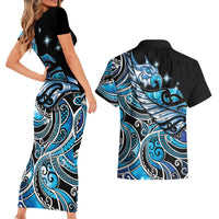 Maori Matariki - Manaia Couples Matching Short Sleeve Bodycon Dress and Hawaiian Shirt Galaxy Blue Paua Shell
