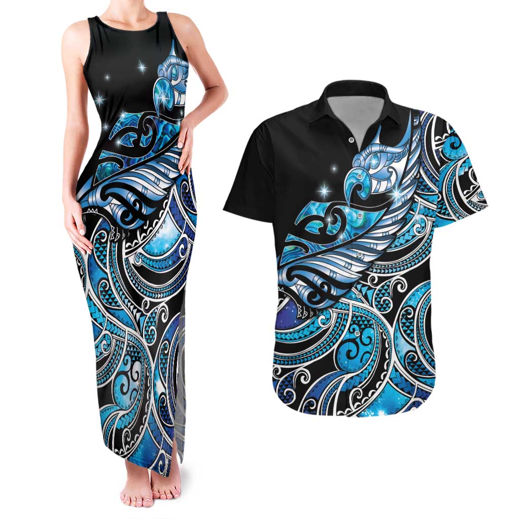 Maori Matariki - Manaia Couples Matching Tank Maxi Dress and Hawaiian Shirt Galaxy Blue Paua Shell LT7 Blue - Polynesian Pride