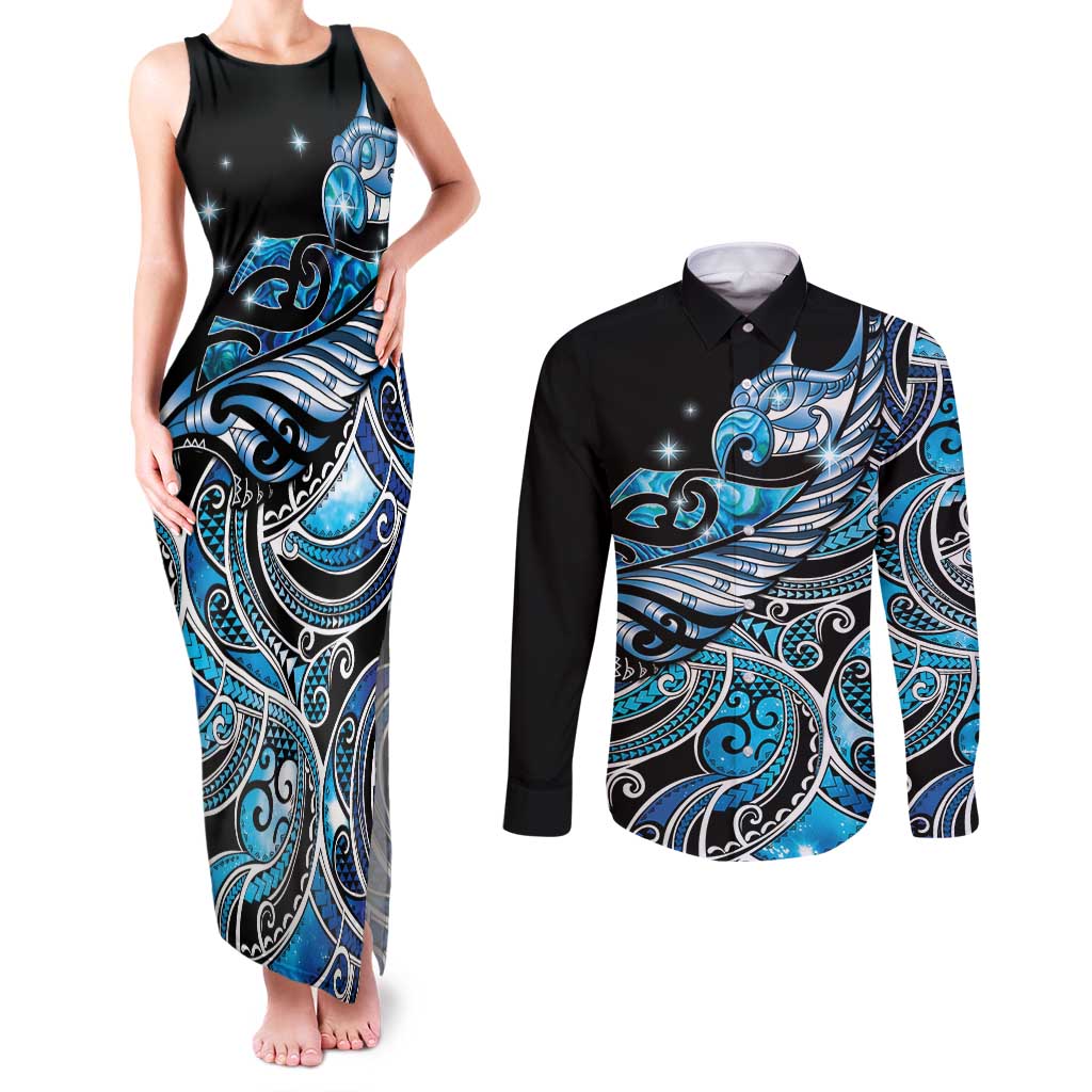 Maori Matariki - Manaia Couples Matching Tank Maxi Dress and Long Sleeve Button Shirt Galaxy Blue Paua Shell