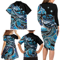 Maori Matariki - Manaia Family Matching Long Sleeve Bodycon Dress and Hawaiian Shirt Galaxy Blue Paua Shell