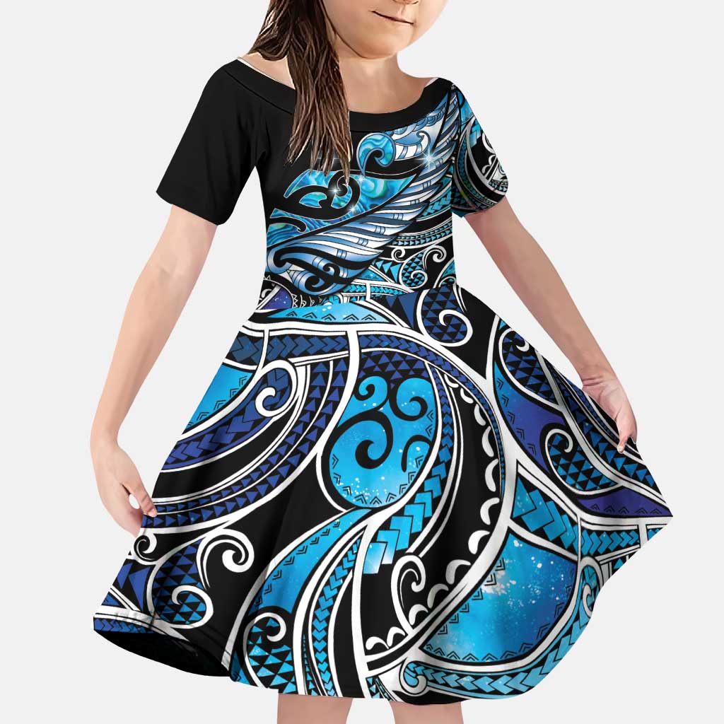 Maori Matariki - Manaia Family Matching Off The Shoulder Long Sleeve Dress and Hawaiian Shirt Galaxy Blue Paua Shell