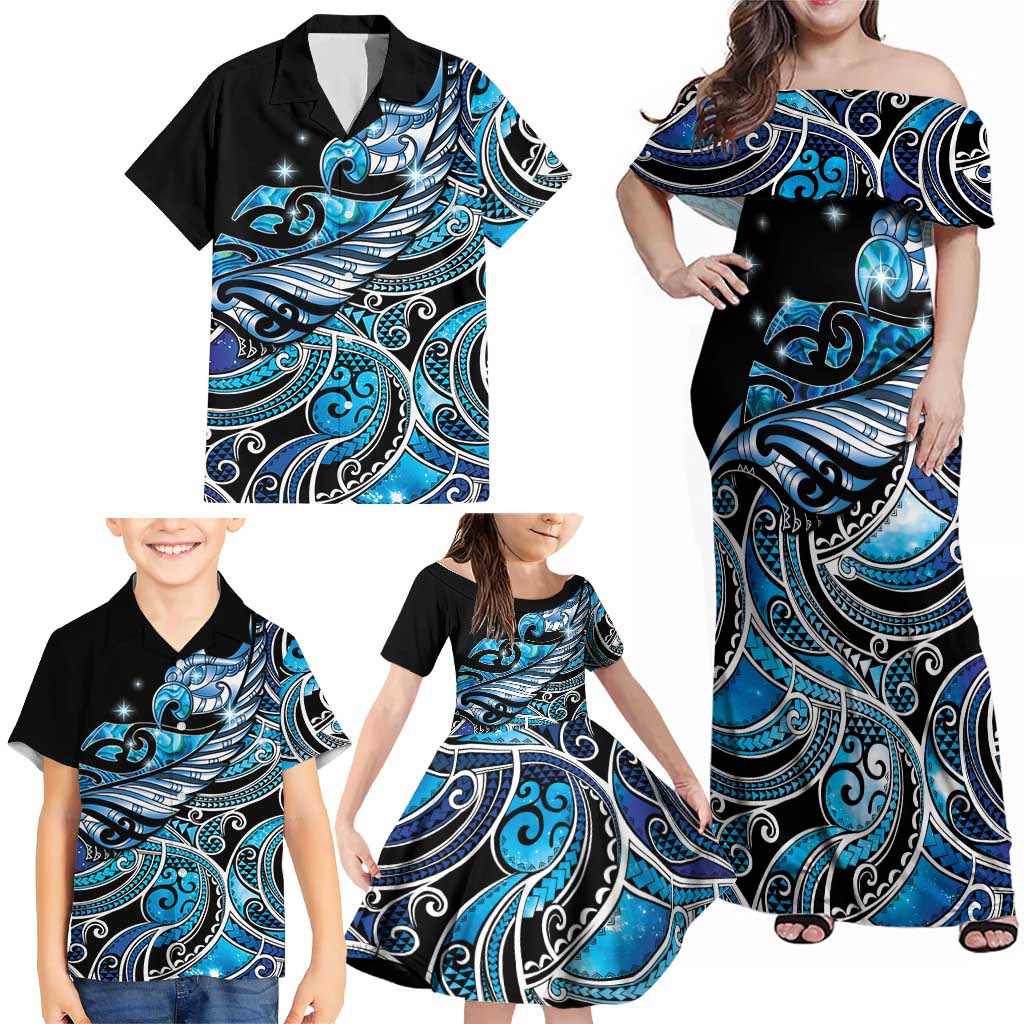 Maori Matariki - Manaia Family Matching Off Shoulder Maxi Dress and Hawaiian Shirt Galaxy Blue Paua Shell