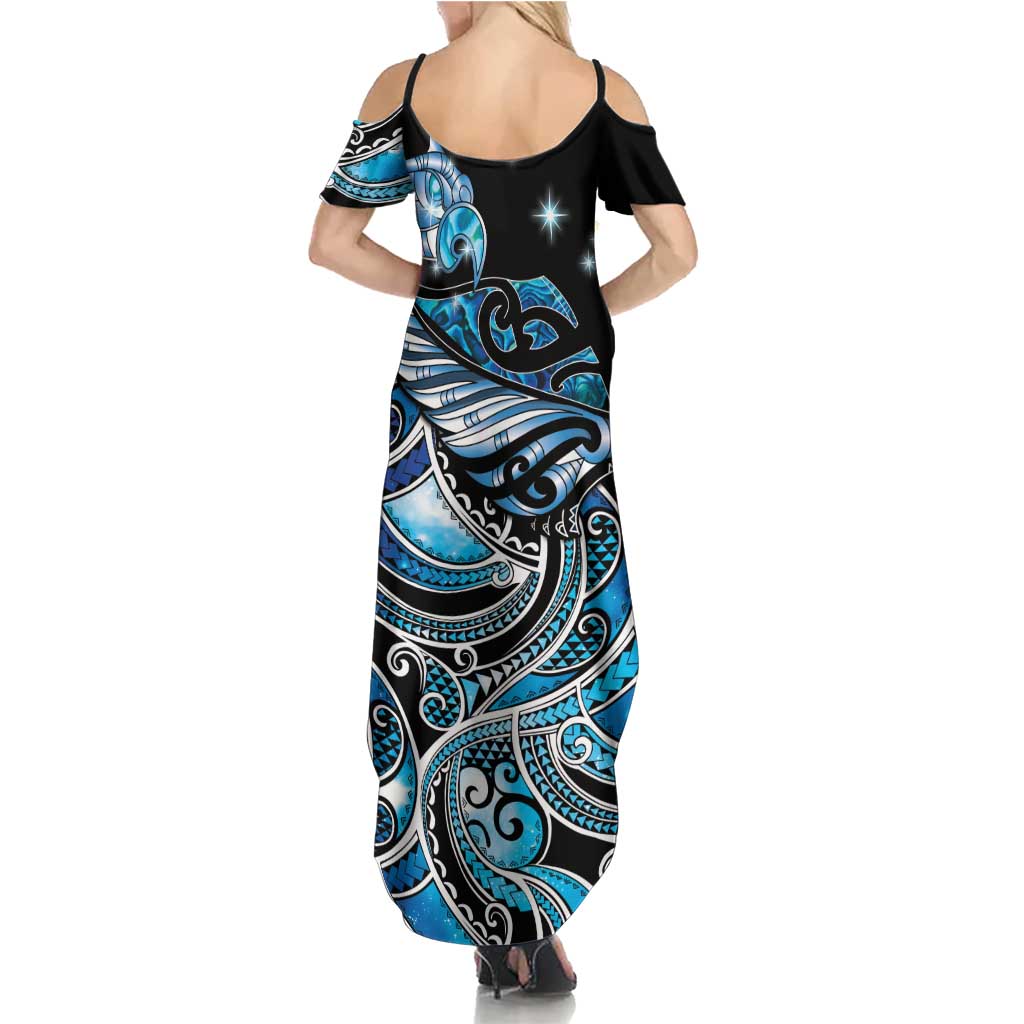 Maori Matariki - Manaia Family Matching Summer Maxi Dress and Hawaiian Shirt Galaxy Blue Paua Shell