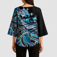 Maori Matariki - Manaia Kimono Sleeve Blouse Galaxy Blue Paua Shell